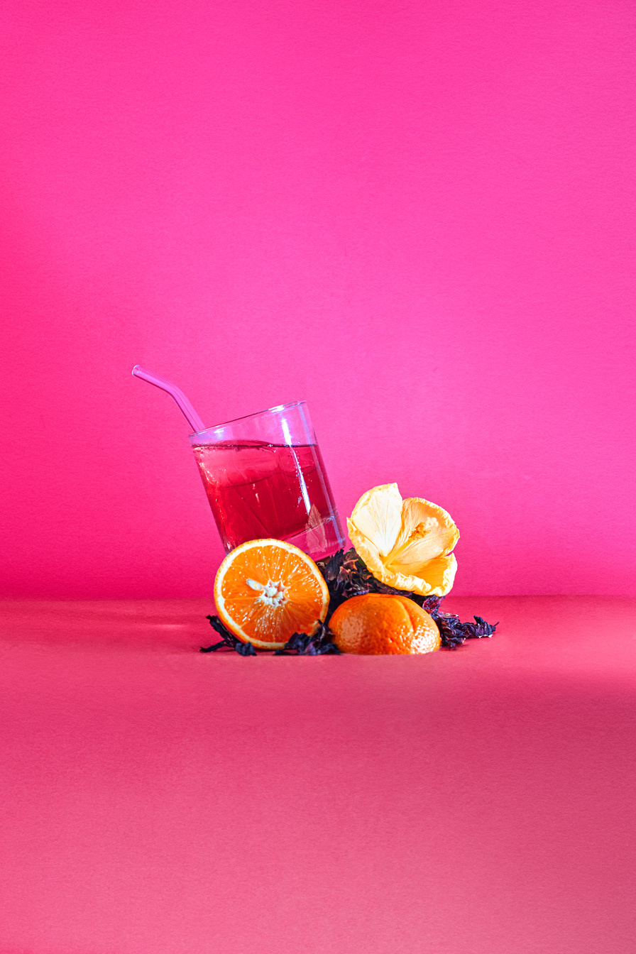 Iced Herbal Tea on Pink Background
